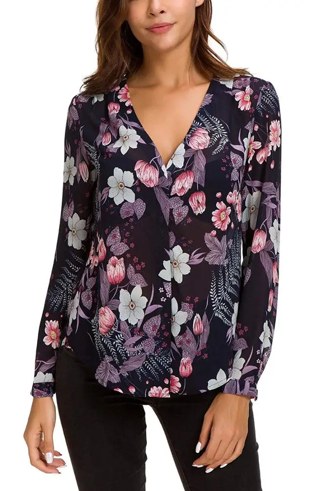 Hot Sale Fashion OEM Blouse Floral Printing Top Neckline Women Lady