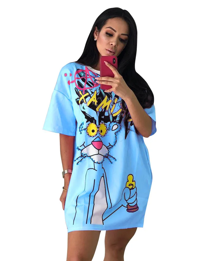 
Ready to ship OEM ODM women fashion casual cartoon beading t shirt dress TC946 
