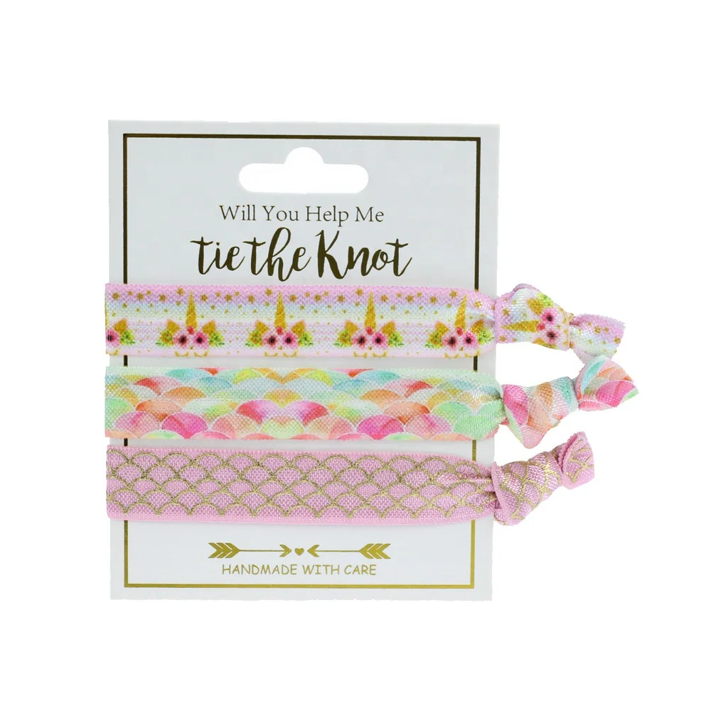 Wholesale Eco Friendly Baby Girls Kids Children Polyester Ribbon Custom Logo Gold Printed Elastic Knot Hair Tie