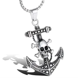 Punk Gothic Pirates of the Caribbean Black  Stainless Steel Cross Charm Skull  Anchor Pendant Necklace