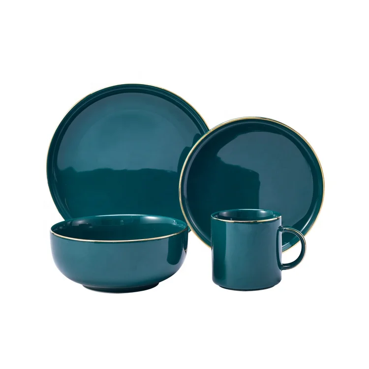 Factory direct sale Chinese restaurant turquoise color gold rimmed crockery ceramic luxury tableware