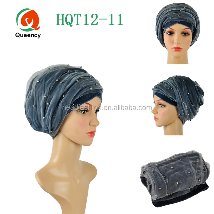 HQT12 Queency Latest Fashion Handmade Islamic Muslim Women Turban Gele Velvet Headscarf with Net and Beads