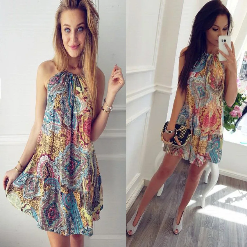 2019 Newest Print Halter Flare Beach Wear Boho Mini Dress For Ladies