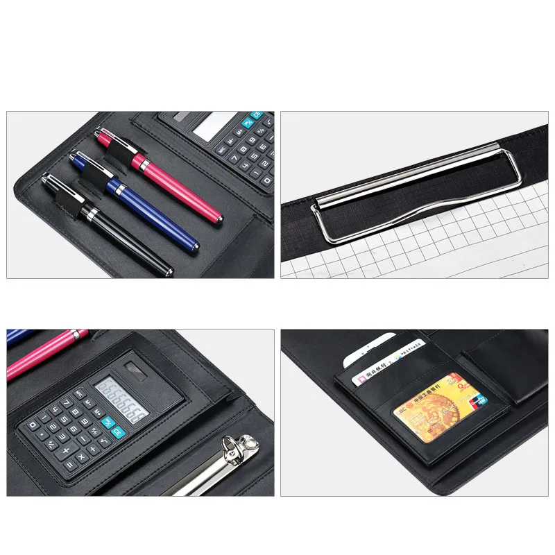 A4 leather clipboard folder black multifunctional business conference file folder with pen calculator