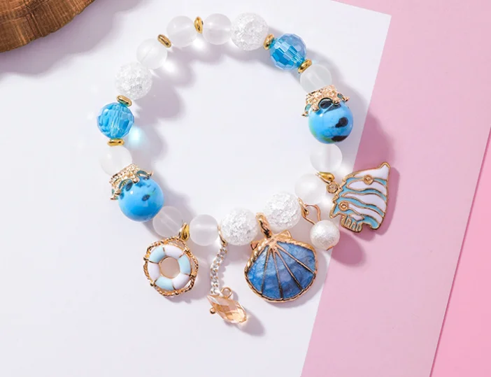 Ocean Sealife Charm Stretch Bead Bracelets Jewelry Girls Shell Moon Star Rabbit Glass Crystal Beads