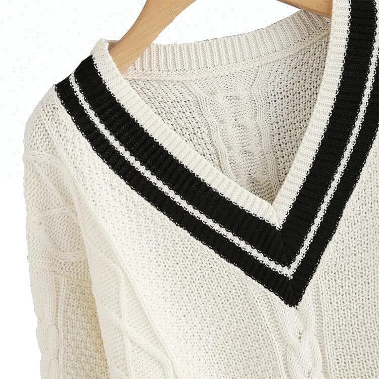 
New Design V Neckline Striped Trim Knit Women Cricket Sweater 