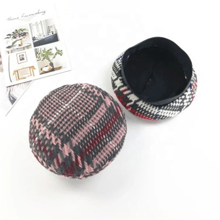 Winter High Quality Vintage Plaid Wool Stitching Check Ladies Army Beret