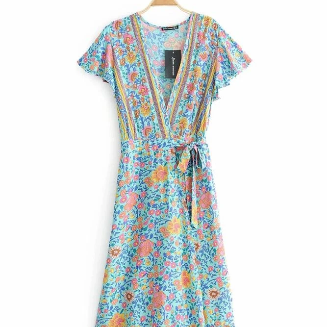 
2019 spring new design BOHO V neck beach floral print women dress 
