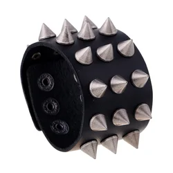 Unique Three Row Cuspidal Spikes Rivet Stud Wide Cuff Leather Punk Gothic Rock Unisex Bangle Bracelet