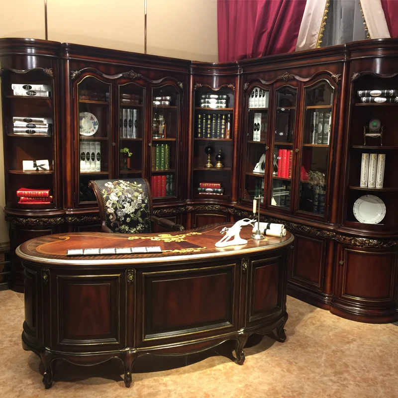 Bisini Home Antique Executive Office Desk Classic Solid Wood Reading Table With Swivel Chair & Bookcase BF05-E2929