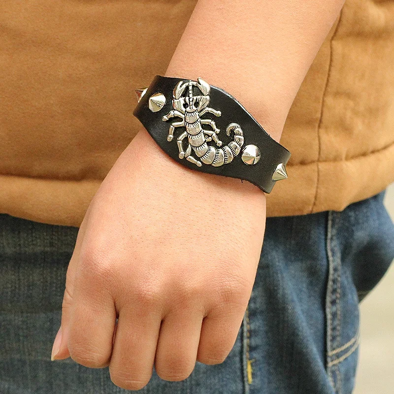 LIKA-- Scorpion Charm Sharp Rivet Studded Genuine Leather Bangle Bracelet Men,Custom Leather Bracelet