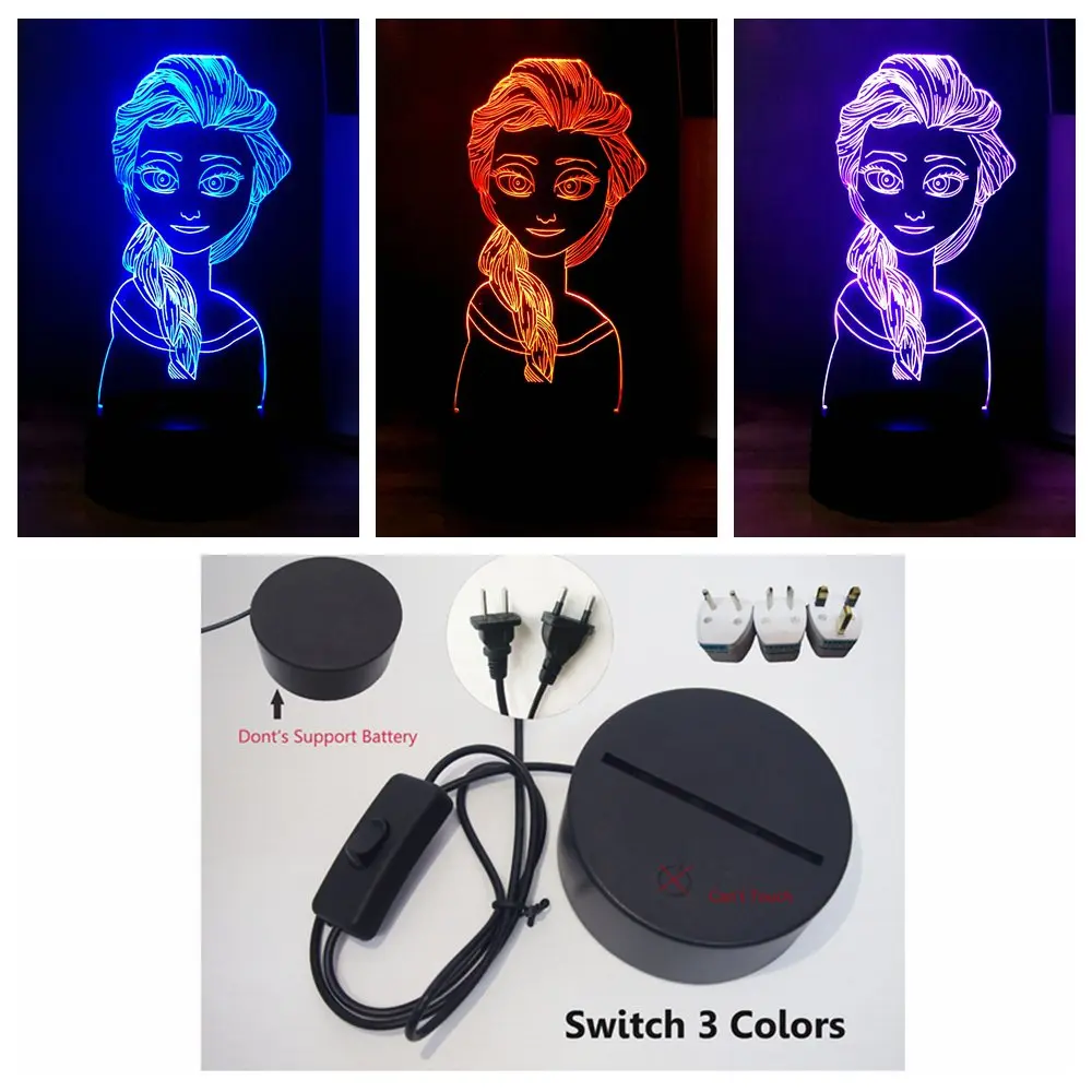3D Night Light Cute Cartoon Elsa Princess Girl Head RGB 3 Color Change Atmosphere Bedside Light Kids Girl Gift Free Shipping