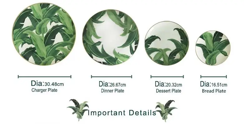 high temperature wholesale white gold rim green banana tree ceramic palm leaf plates