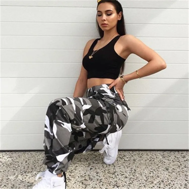 Women Fashion Unique Camouflage trousers  High Waist Women Loose Trousers cargo Pants ZJ033