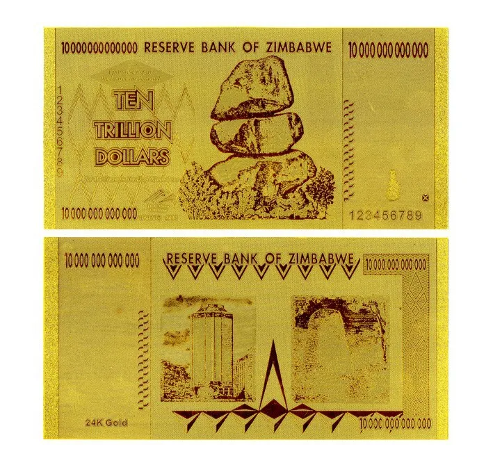 Value Collectible ZIMBABWE 10 Trillion Pure 24K Gold Banknote With Engraved Technique For Gifts