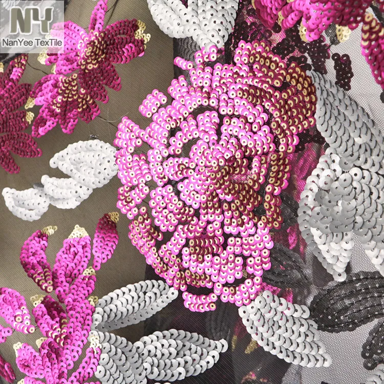 Nanyee Textile 3+5mm Laminated Hot Pink Flower Sequin Fabric