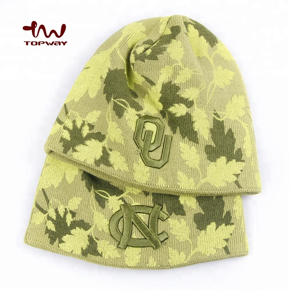 Wholesale Custom Tuque Men Winter Beanies Knitted Hats Manufacturers With Silk Printing Leaves Pattern