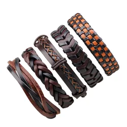 Vintage Stretch Wax Rope Braided Adjustable Mens 5 PCS Set Multilayer  Leather Bracelets & Bangles