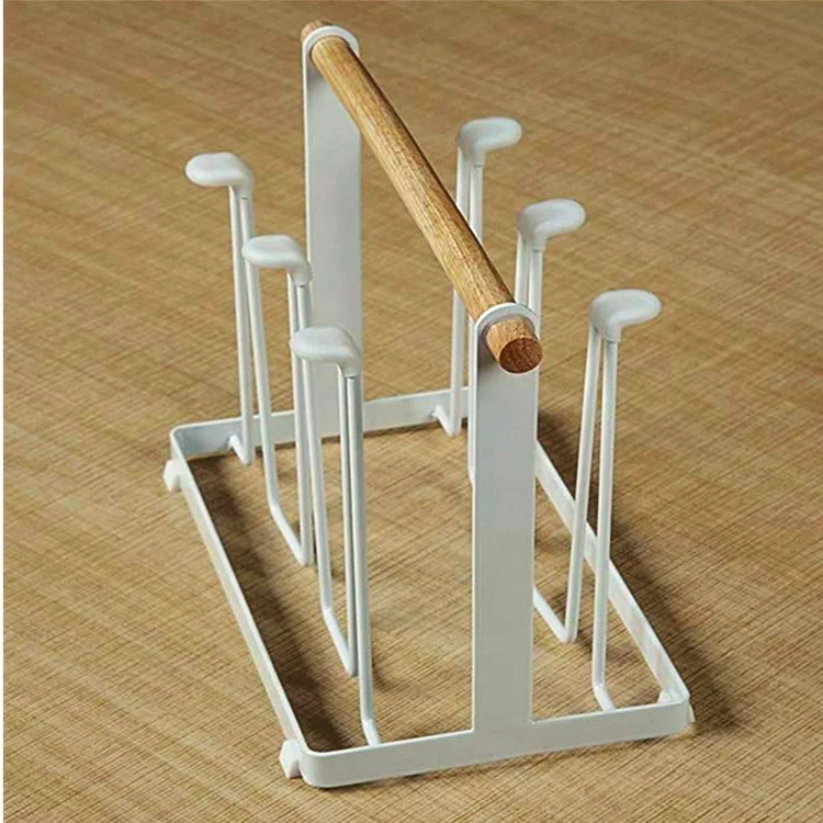 
Cup Drying Rack Stand for Counter Top & Cabinet Metal Mug Water Bottles Wine Glass Drainer Rack Holder with Wood Handle Kitchen 
