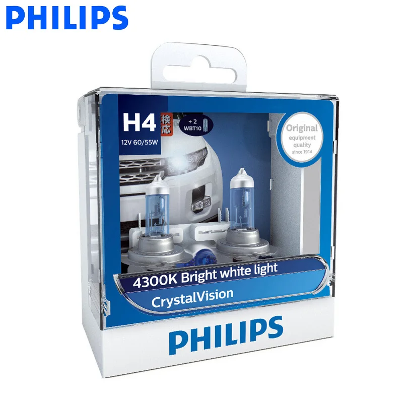 Philips H4 9003 12V 60/55W P43t Crystal Vision 4300K bright White Light Halogen Hi/lo Beam Car Headlight 12342CVSM, Pair