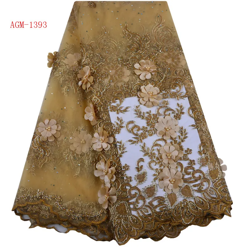 
2018 Wholesale High Quality Tulle Lace Fabric With Beads Gold Embroidered 3D Flower Lace Fabric For Evening Dress 