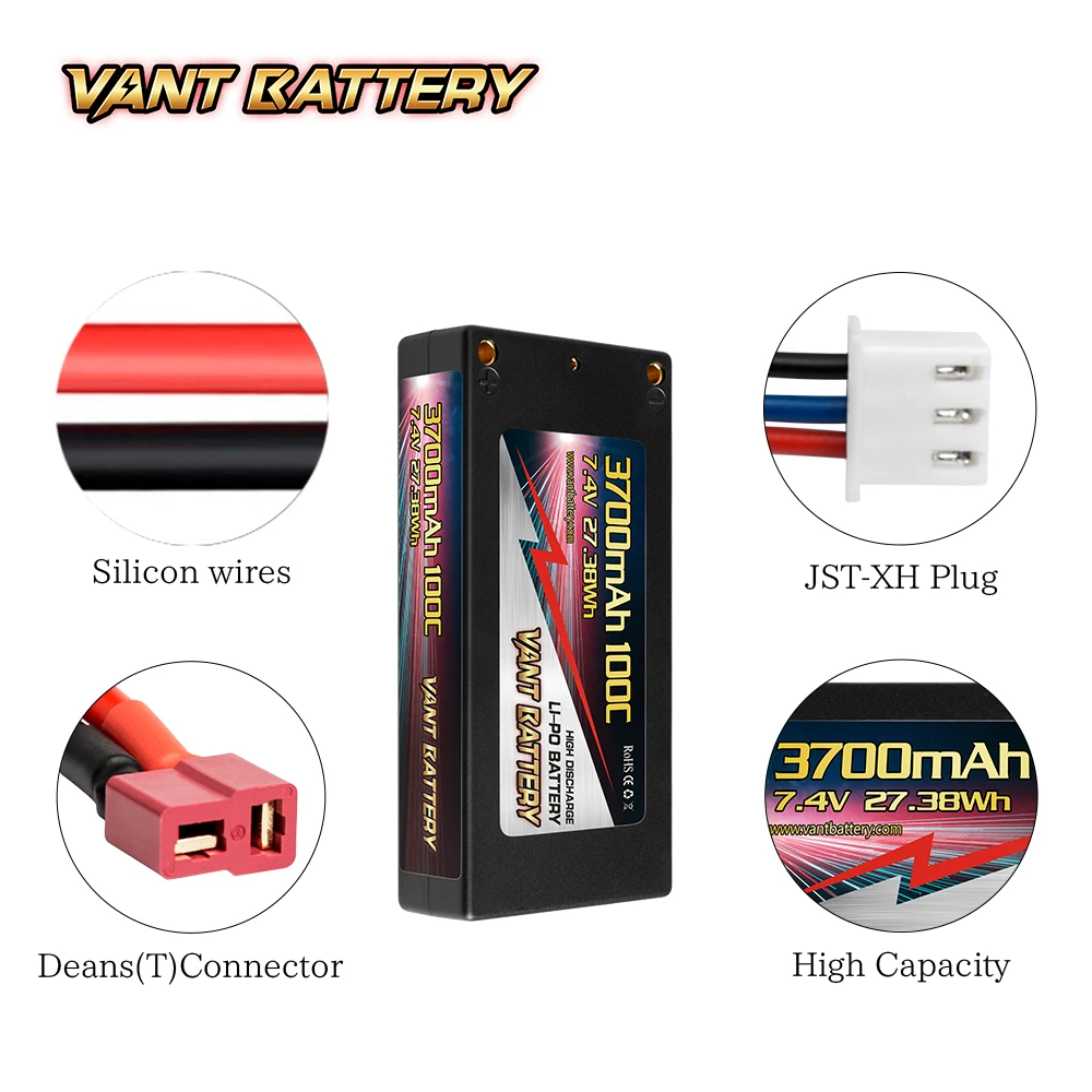 Vant 2S Lipo Battery 7.4V 3700mah 100C LCG Hard Case with Deans Plug for RC Truck/ Airplane /Drone /FPV /Racing