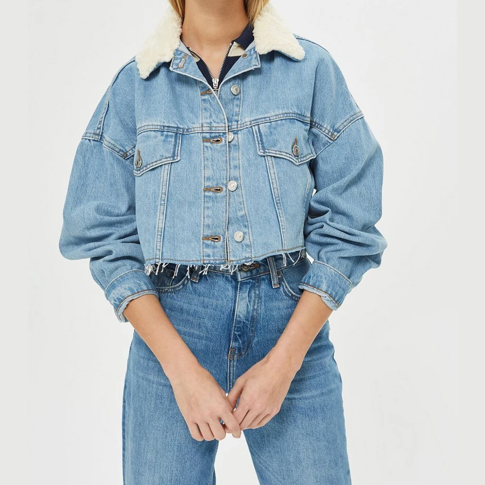 Best selling high quality jeans manufacture OEM borg fur denim jacket with fleece collar