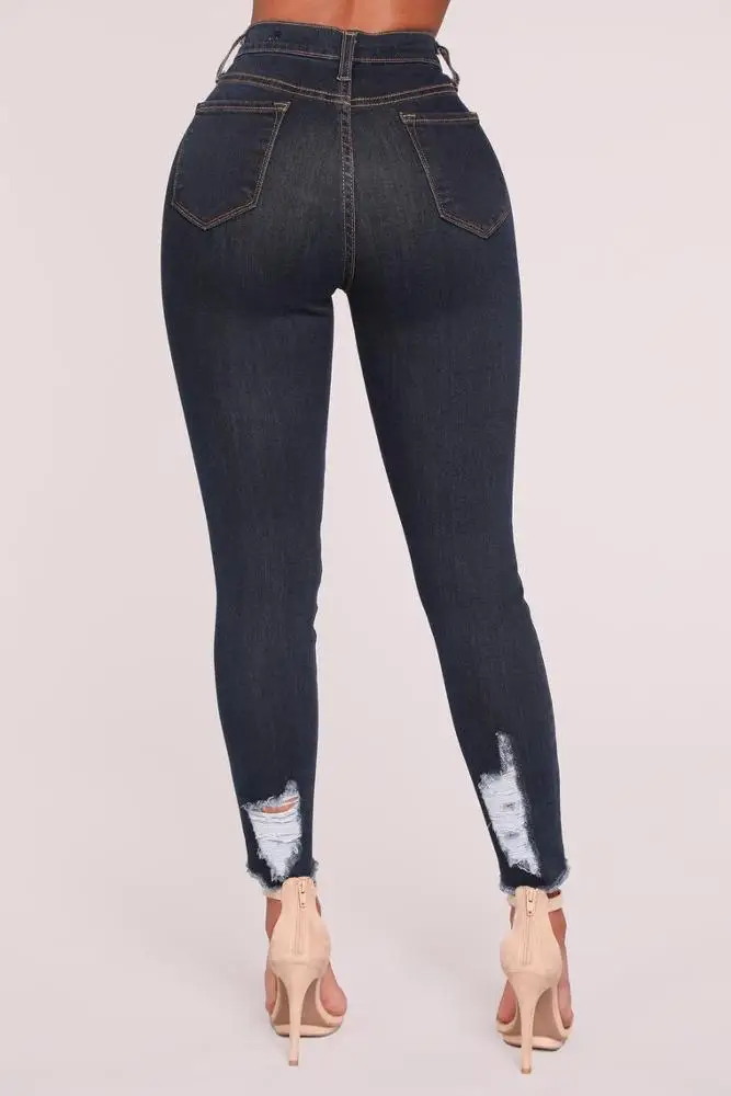 New design high waist stretch skinny denim distressed jeans women