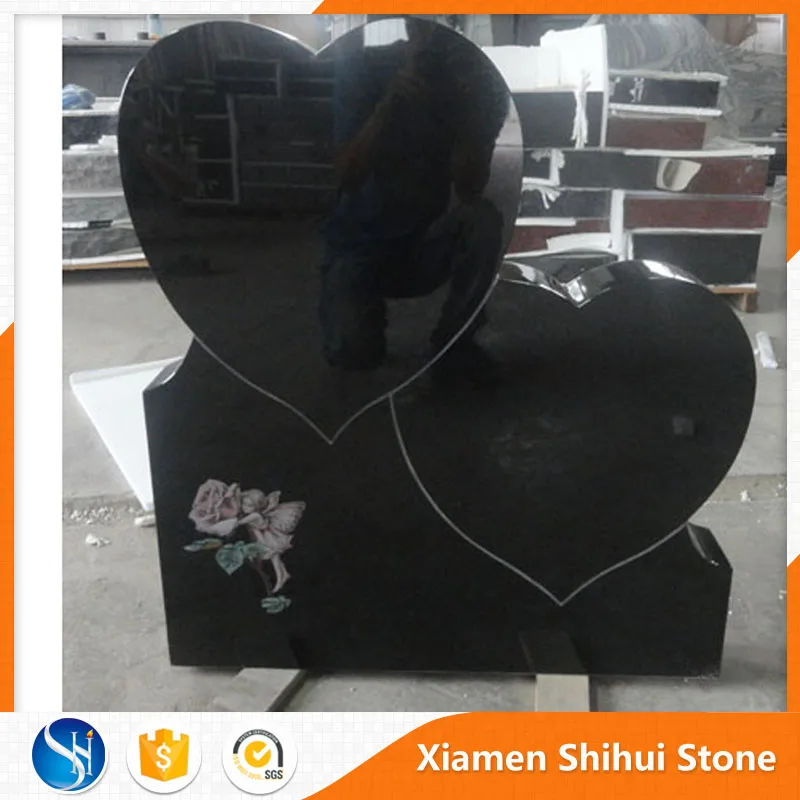Black granite angel double heart headstone monuments