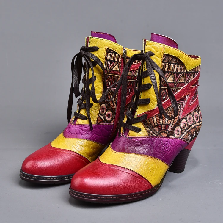 Women Retro Ankle Boot Cowhide Leather Handmade High Block Heels Lady Totem Boots Booties