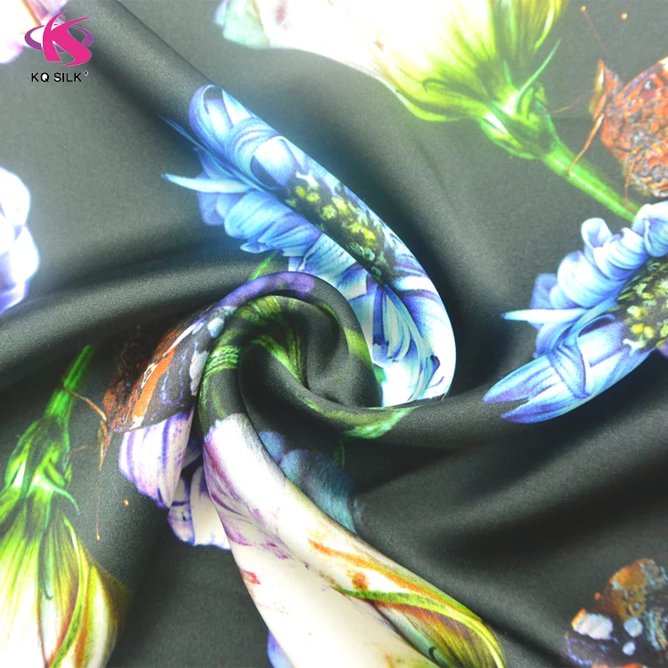 
Hot Sale Silk Satin Fabric Wholesale Butterfly Floral Digital Printing Fabric Black Silk Satin for Dress Scarf 
