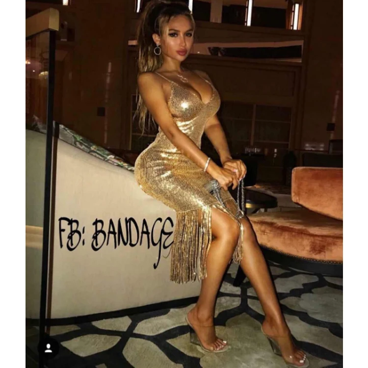 Gold sequin women party dress mini and bandage evening party dress