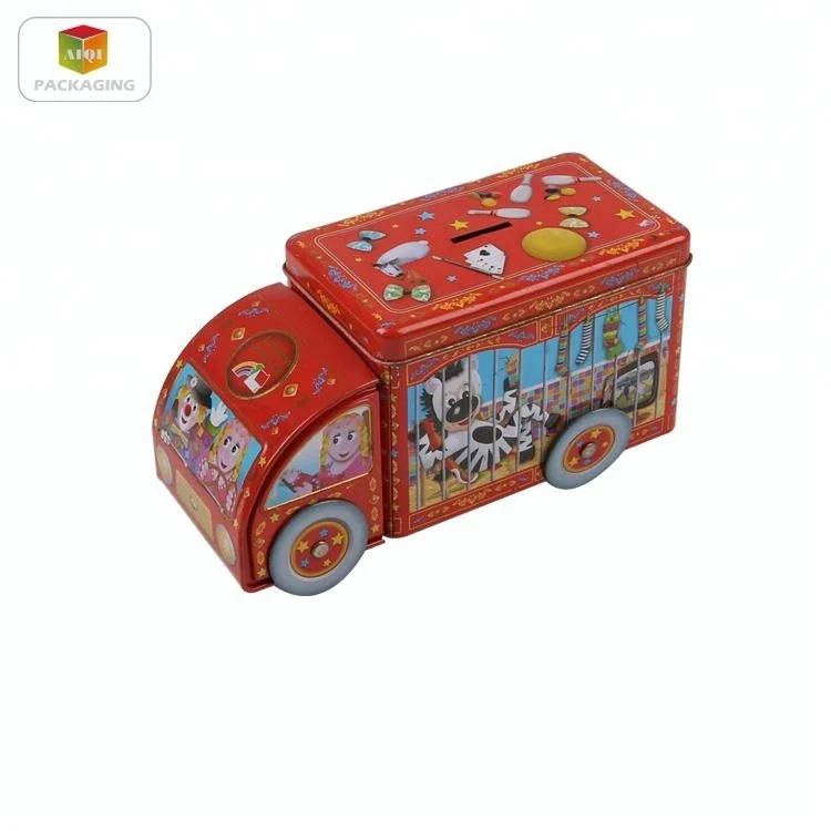 empty offset printed bus shaped tin box for chocolate packaging