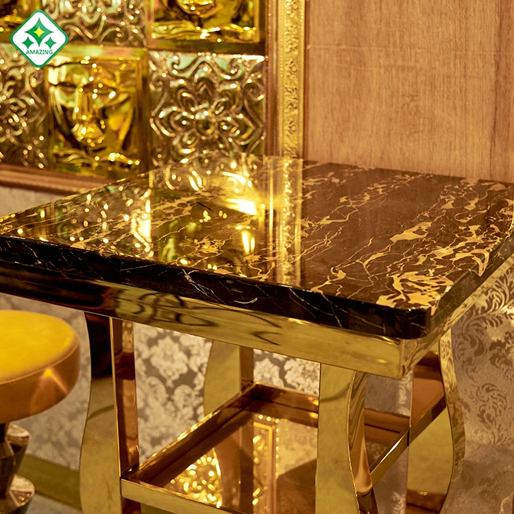 
luxury Stainless Steel Square Marble Bar Table With Metal Base night club furniture 