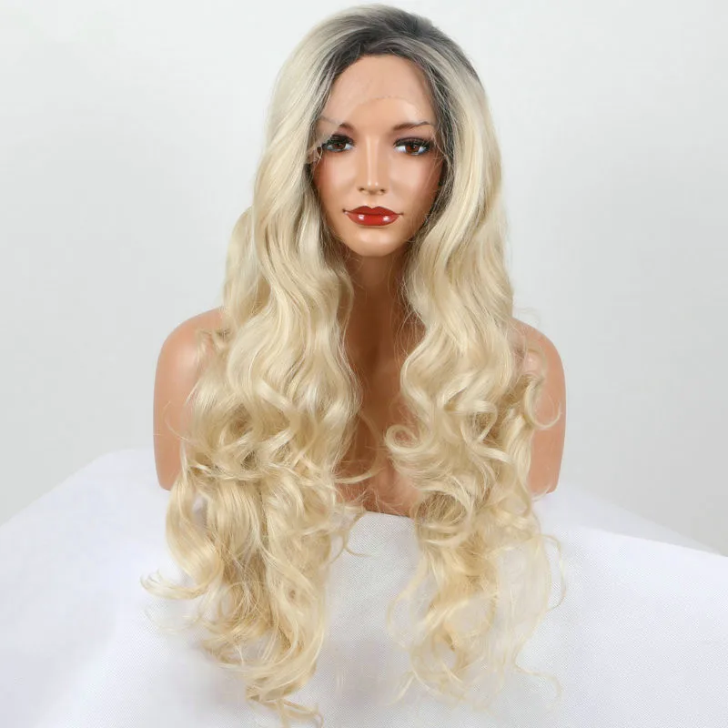 Blonde Wavy Wig High Temperature Fiber Long Hair Full Synthetic Lace Front Wigs for Women Ladies Girls Dark Roots to Gold