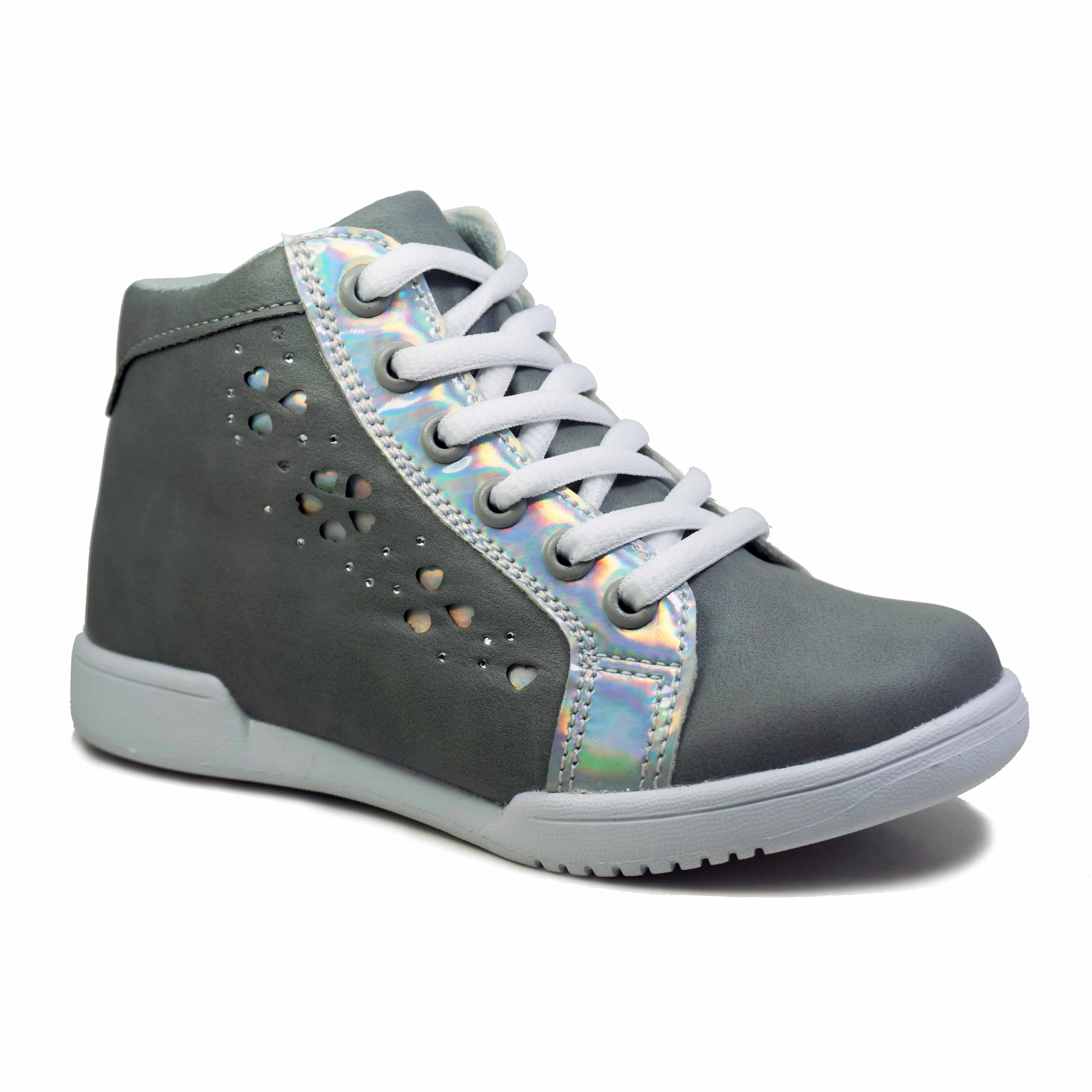 
High cut lace up holographic PU upper walking shoes sneakers shoes for girls 