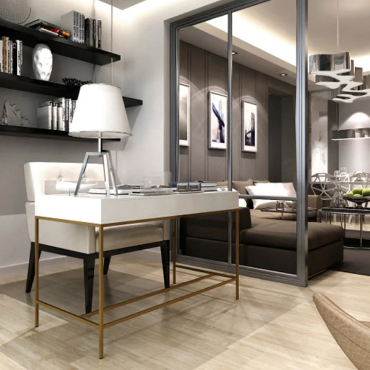 Modern golden stainless steel white lacquer study computer desk working table home office desk