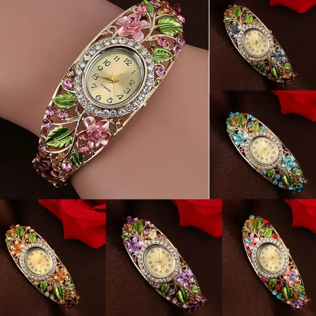 
Bangle Watches Gold Plated Wrist Watch Crystal Flower Women Bracelet Dress Quartz Movt 