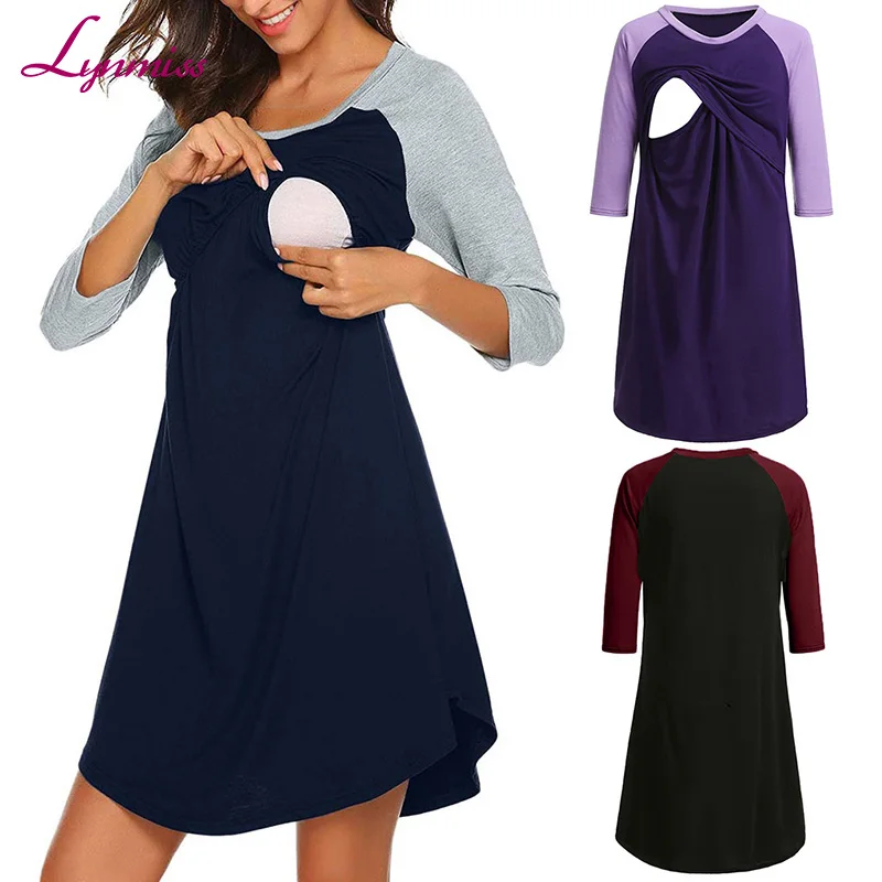 Lynmiss Wholesale Custom logo best green home cotton night sleep maternity clothing dress maternity wear
