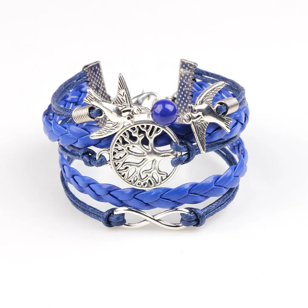 Alloy tree of life charm & birds charm multilayer leather braid bracelet womens fashion leather bracelet