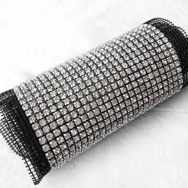 24rows 5mm sew on clear crystal rhinestone trimming mesh banding silver metal claw chain banding black base fabric