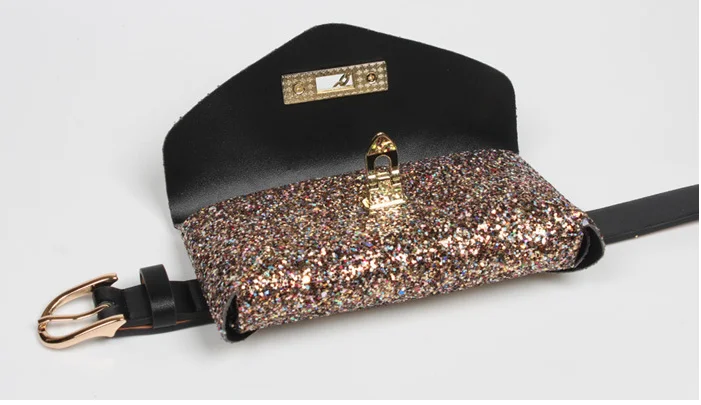 
wholesale Ladies glitter belt glitter pockets on thin belts glitter mobile phone belt women bag 