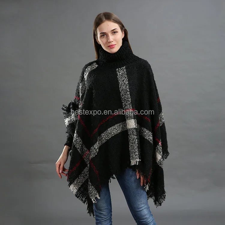 
wholesale stock fashion mexican poncho women winter sweaters turtleneck knit poncho 