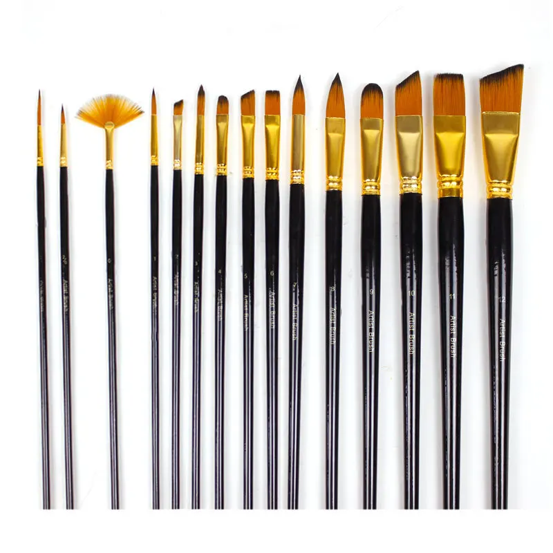 
Factory Supply 15pcs Nylon Hair Artist Paint Brush Good Quality Painting Art Brush with Canvas Bag 