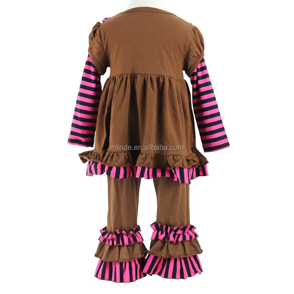 Girls Striped Knit Cotton Clothing Sets Top Dress And Ruffle Pants Kids Clothes