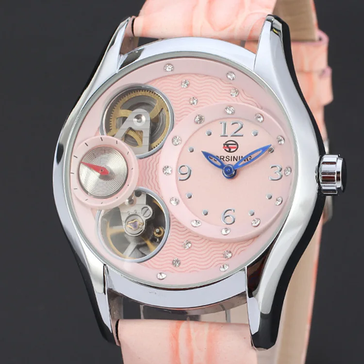 New luxury three eyes drilling mechanical watches skeleton mechanical belt watch