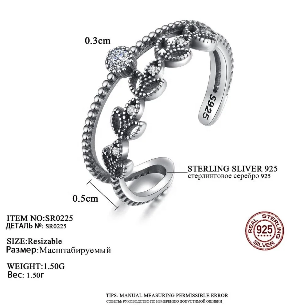 CZCITY Irregular 925 Sterling Silver Ring Female Charm Open Hollow Open Ethnic Jewelry Black Ring