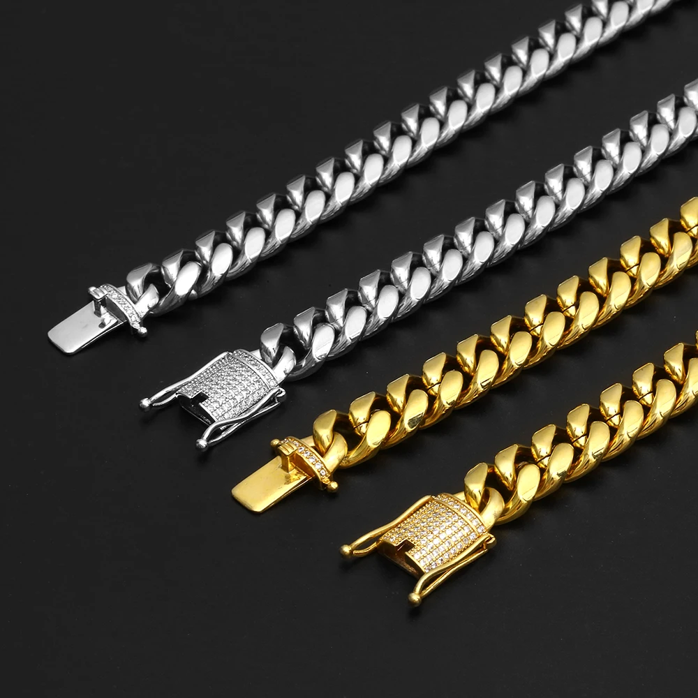 Diamond Clasp 10/12MM Hip Hop Jewelry 14k 18k Gold Miami Cuban Necklace Stainless Steel Cuban Link Chain