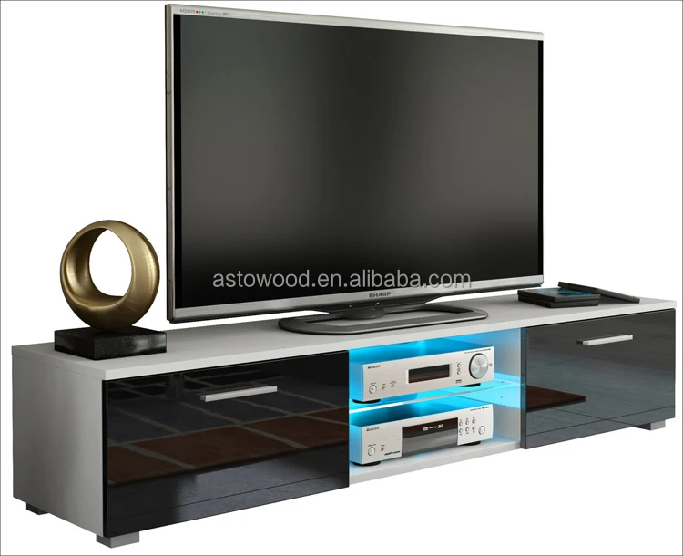 Modern TV Unit Cabinet Stand Black Matt and Black High Gloss Doors FREE LED