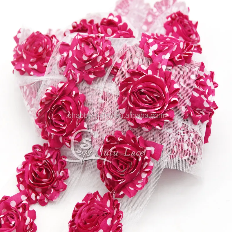 
Wholesale decorative Shabby Flower trim By The Yards , Rosette Chiffon Fabric Flowers in printed polka-dots color 